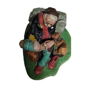 Vintage Chalkware Travelers Rest Homeless Man & Dog‎ Figurine Hand-Painted